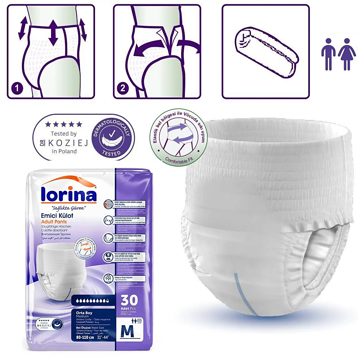 Scutece Tip Chilot pentru Adulți Lorina, Mărimea M, 90 Buc (3x30)