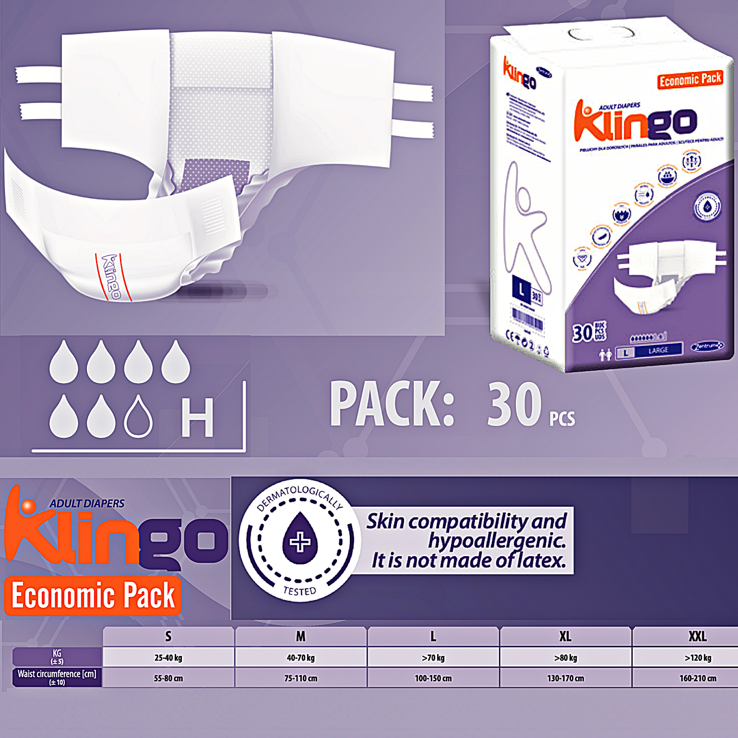 Scutece adult KlinGo, pachet 30 buc, mărimea M