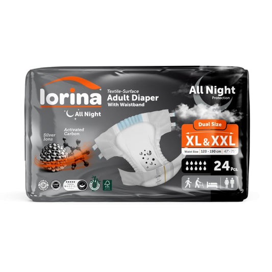 Scutece adulti Lorina All Night, marime dubla, XL-XXL, 24 buc, cu ioni de argint și carbon activat, pentru protectie pe intreaga durata a noptii