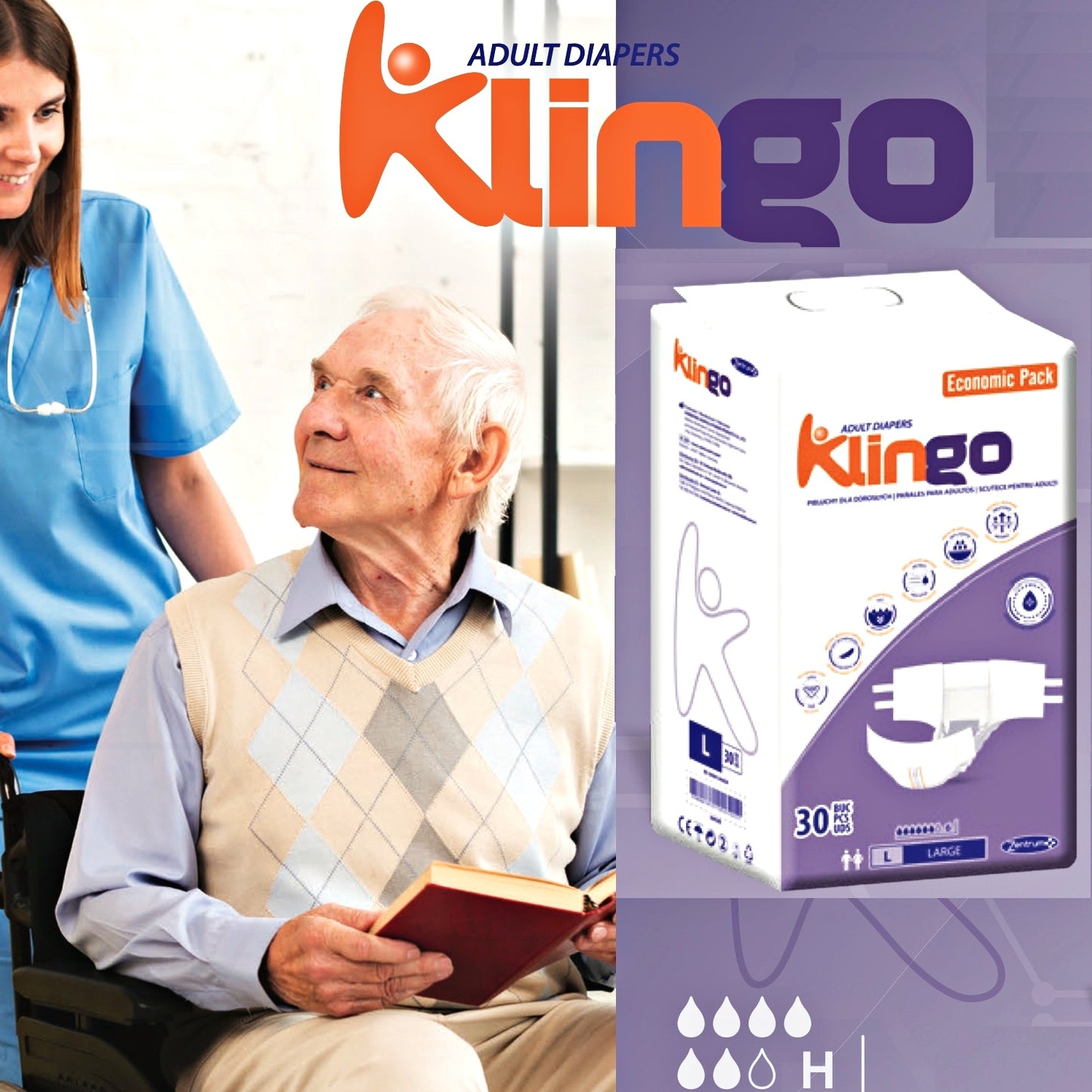 Scutece adult KlinGo, pachet 30 buc, mărimea M