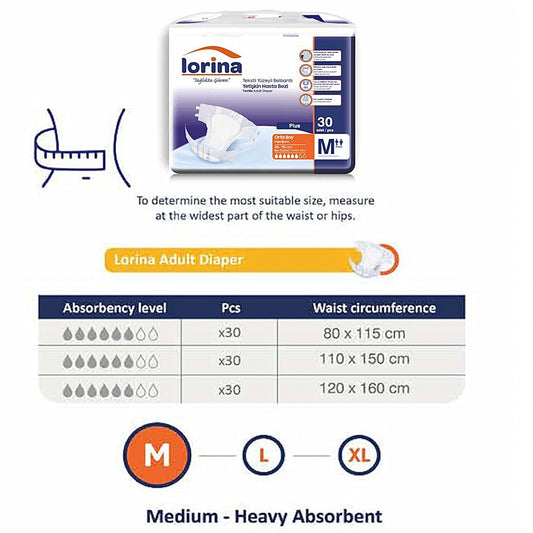Scutece Absorbante LORINA Adult, pentru Incontinență Urinară, Mărimea M - Pachet 30 Bucăți