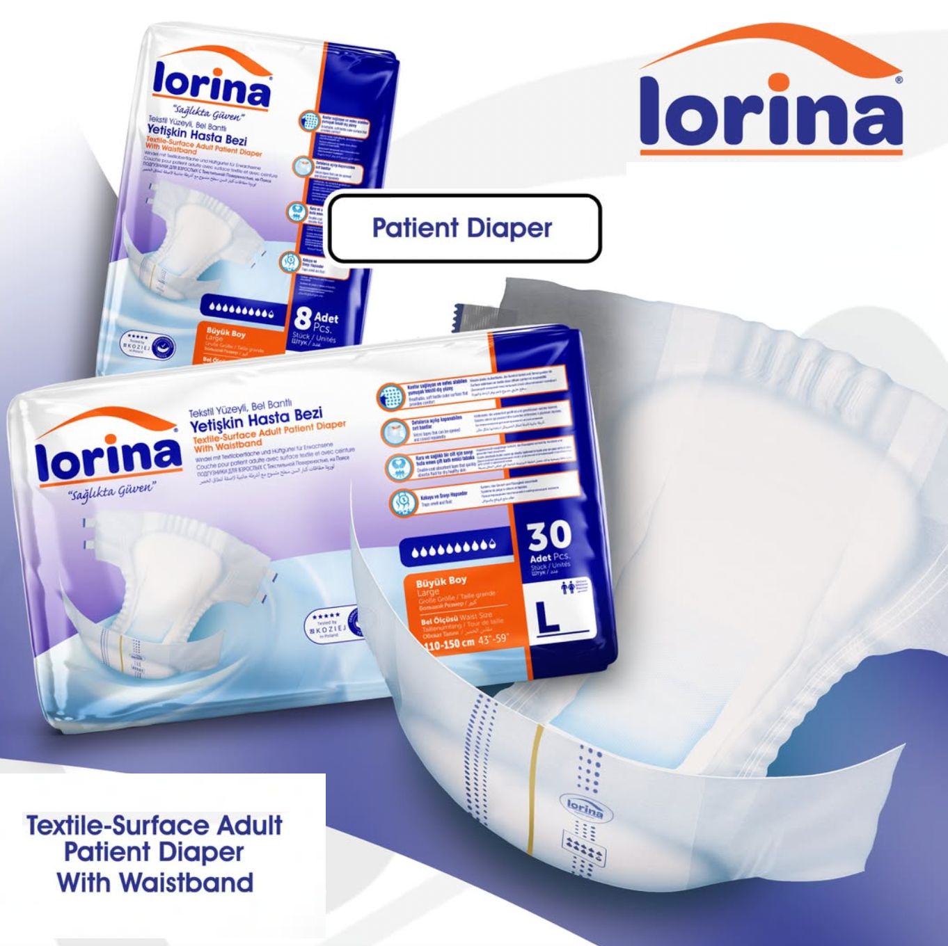 Scutece Absorbante LORINA Adult, pentru Incontinență Urinară, Mărimea M - Pachet 30 Bucăți