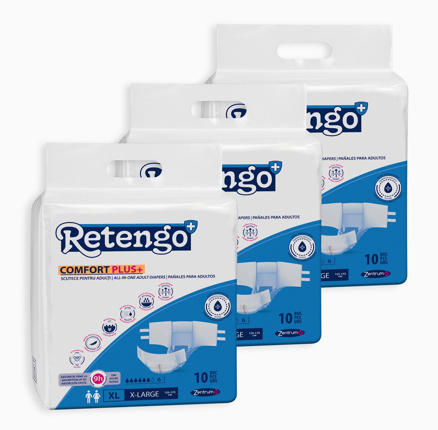 Scutece Adulți RETENGO, Mărimea XL, Promoție 3 Pachete x 10 Bucăți