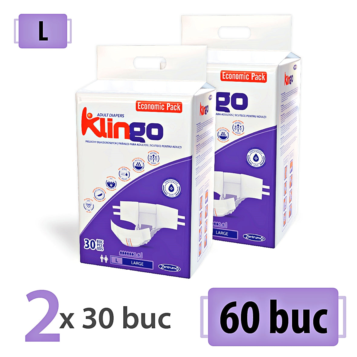 Scutece Adulți Klingo, Mărimea L, Pachet Promoțional (2 x 30 Buc) – Protecție Eficientă