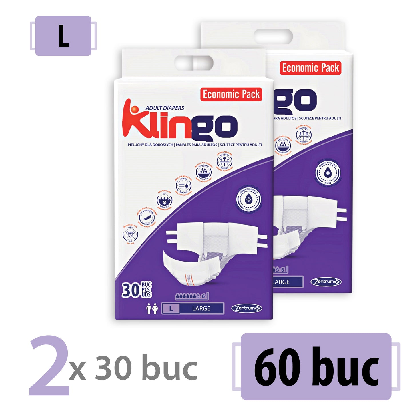 Scutece Adulti Klingo L - Pachet Promoțional 2x30 Bucăți