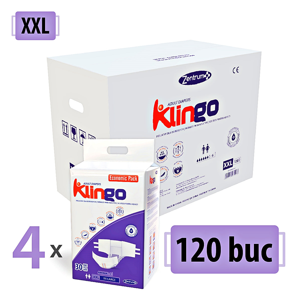 Scutece Adulți Klingo XXL, 120 Buc (4x30) – Pachet Economic cu Protecție Superioară