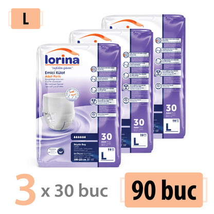 Scutece Chilot Adulți Lorina, Mărimea L, 90 Buc (3x30)
