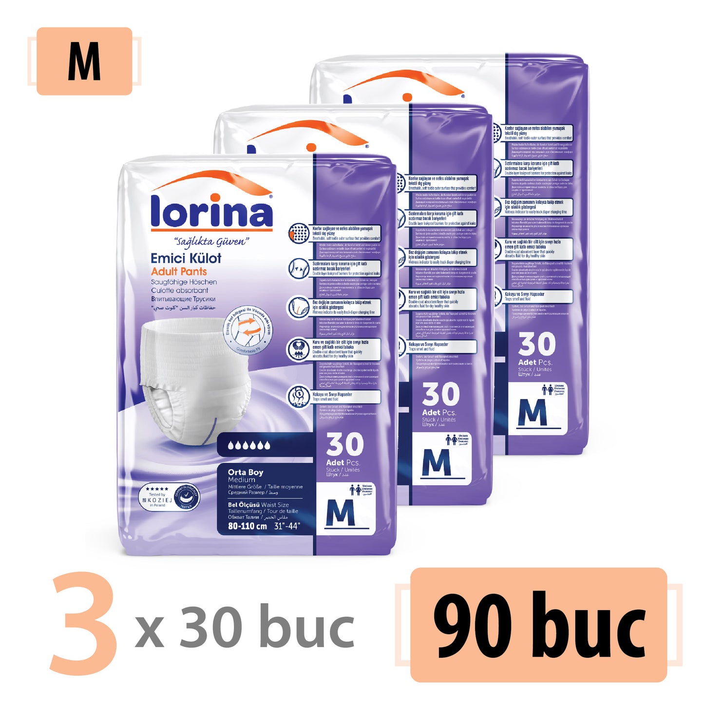 Scutece Tip Chilot pentru Adulți Lorina, Mărimea M, 90 Buc (3x30)