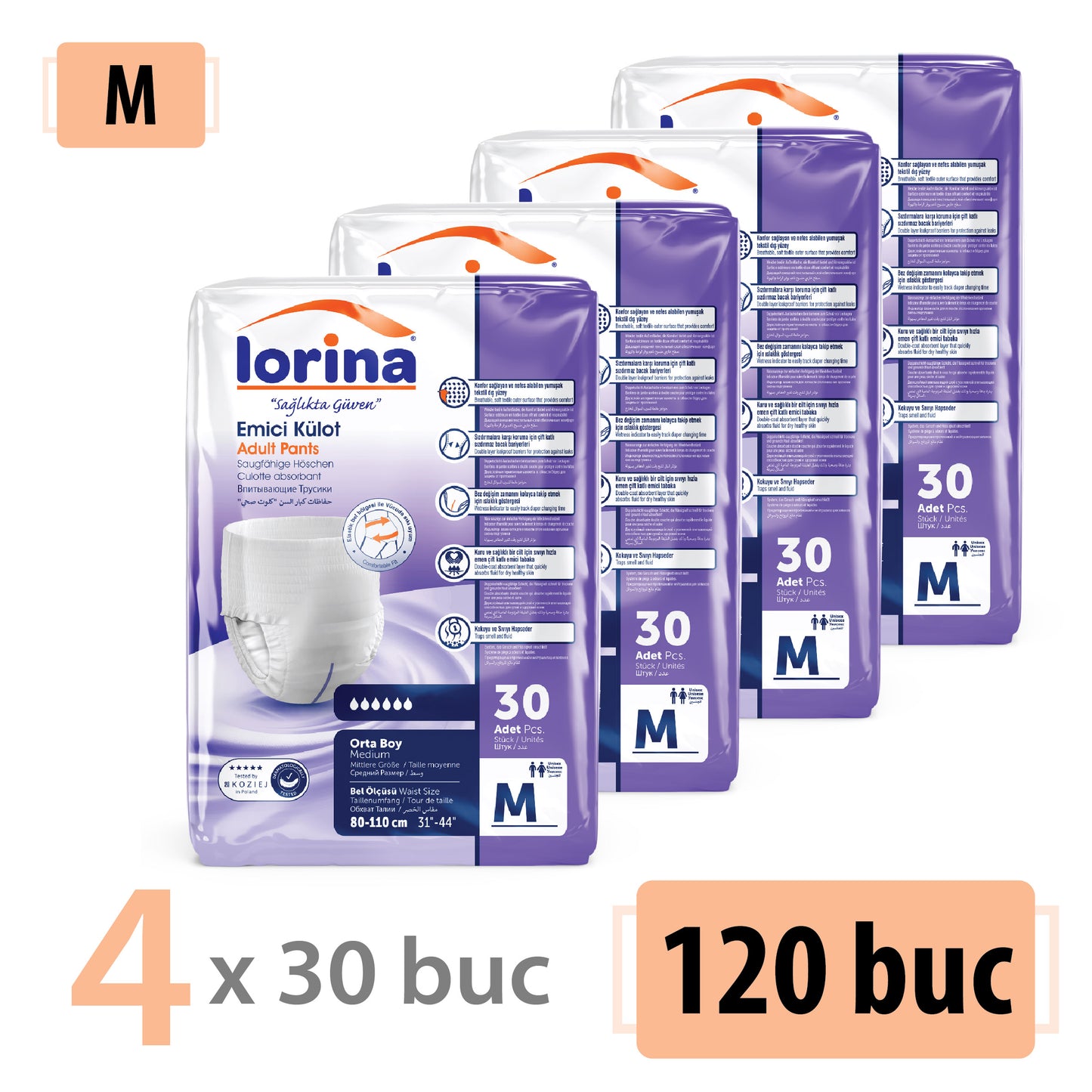 Scutece Chilot Adulți Lorina, Mărimea M, 4x30 Buc