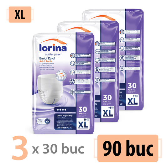 Scutece Tip Chilot Adulți Lorina, Mărimea XL, 90 Buc (3x30)