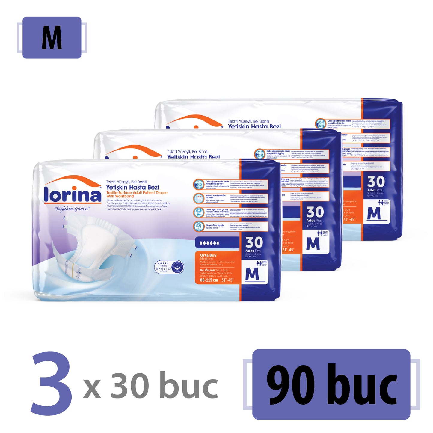 Scutece Adulți LORINA, Mărimea M, 90 Buc (3x30)
