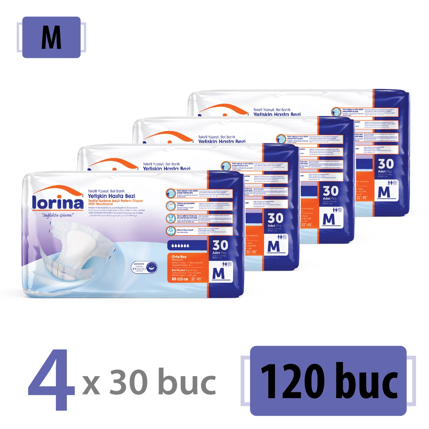 Scutece Adulți Lorina, Mărimea M, 120 Buc (4x30)