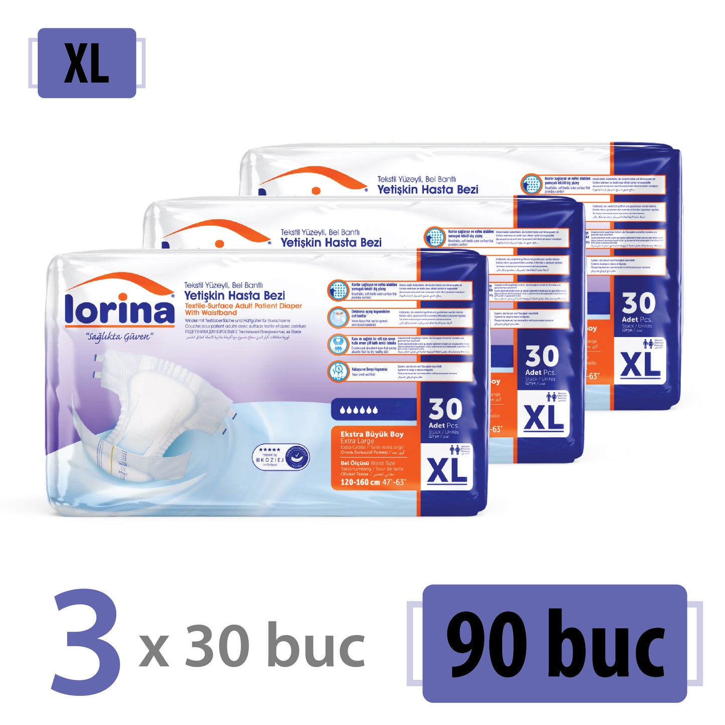 Scutece Adulți Lorina, Mărimea XL, Incontinență – Pachet Promo 90 Buc (3x30)