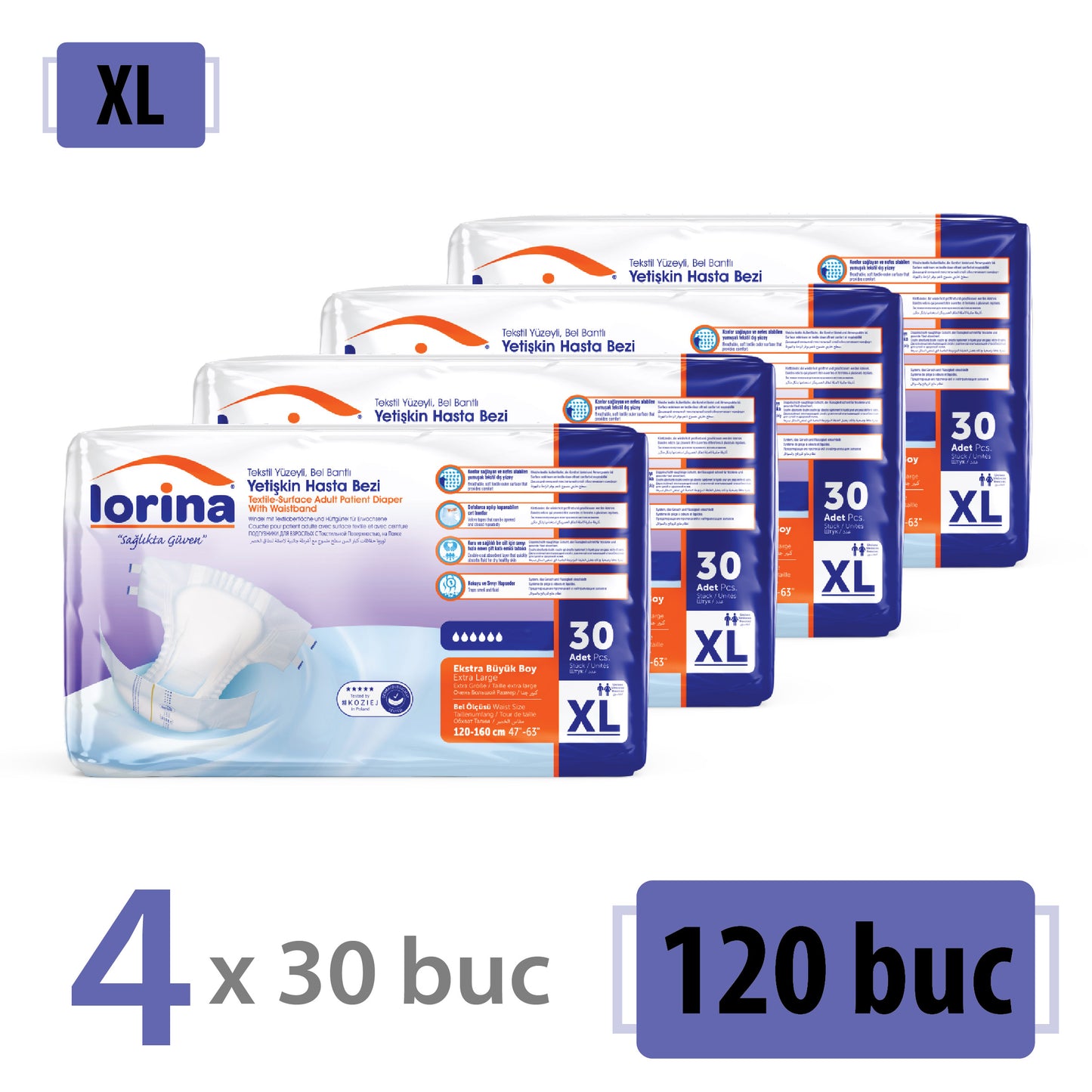 Scutece Adulți Lorina, Mărimea XL, 120 Buc