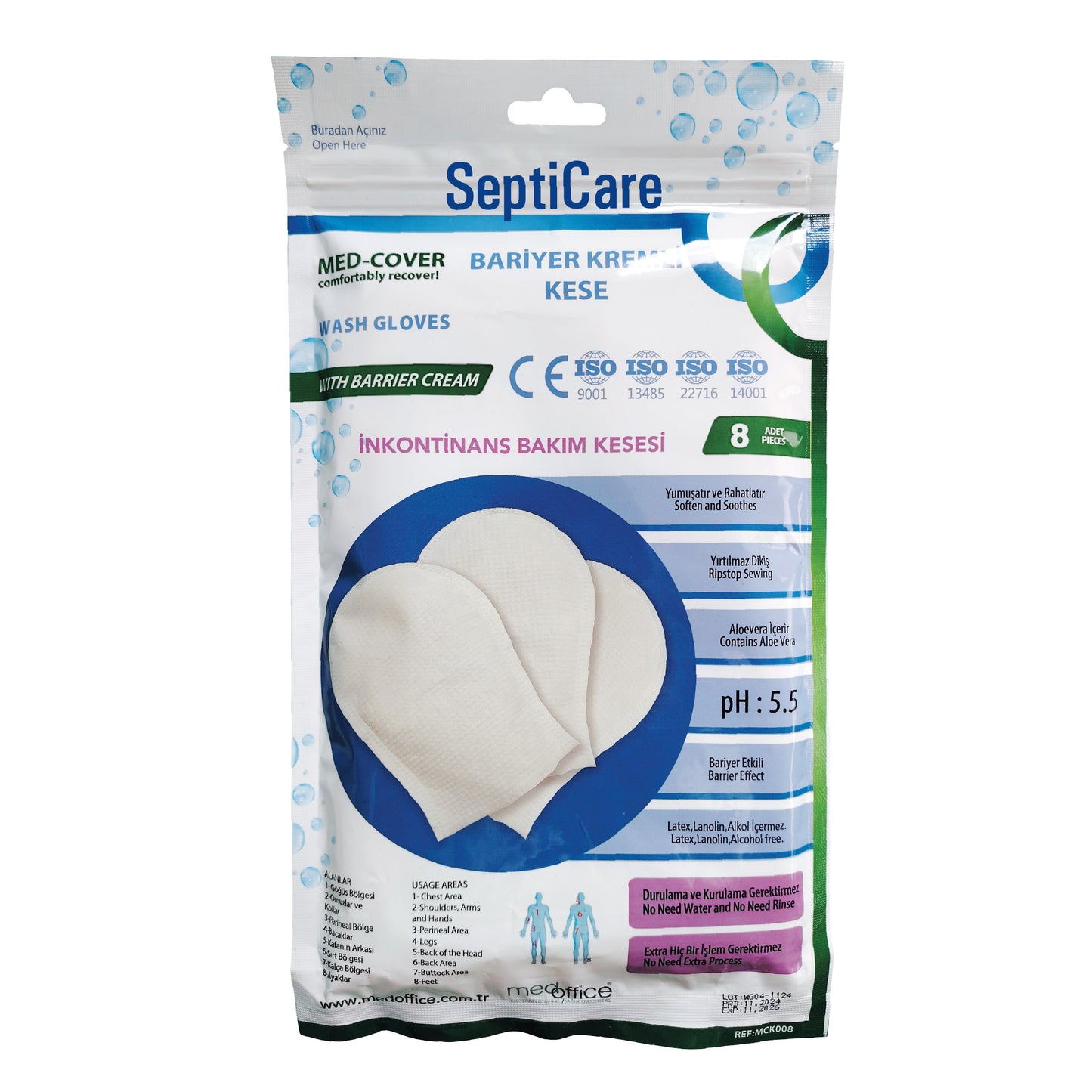 Burete Tip Mănușă cu Săpun și Aloe Vera – Fără Clătire, 8 Bucăți/Pungă