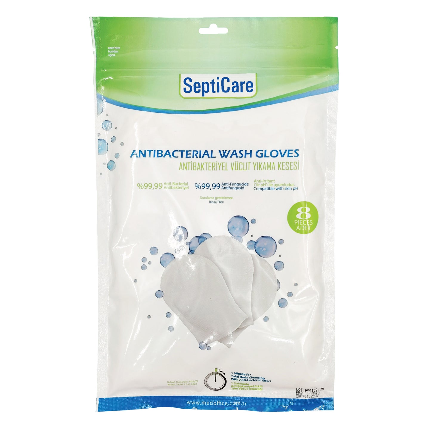 Burete Tip Mănușă Antibacterian cu Clorhexidină și Aloe Vera – 8 Bucăți/Pungă